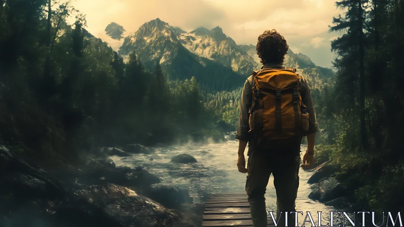 Hiker stands on river bridge facing distant mountain range