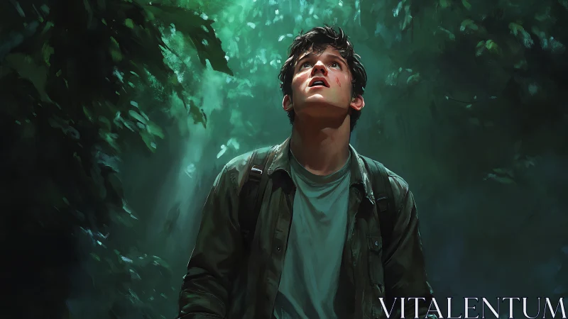 Young explorer lit by volumetric jungle light, upward gaze detailed