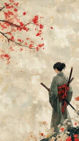 Solitary samurai under diffuse maple canopy in muted autumn field.