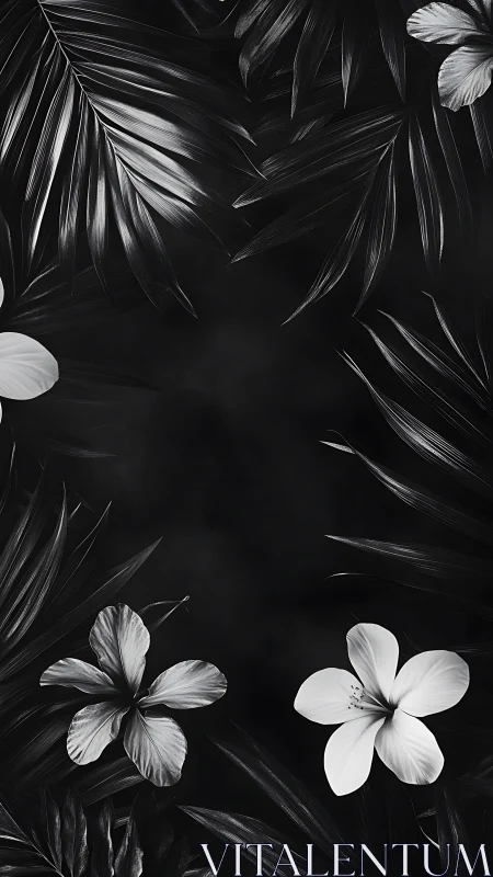 Black and White Floral Composition with Tropical Foliage