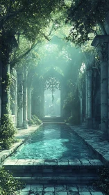 Ruined stone courtyard with pool under dense forest canopy.
