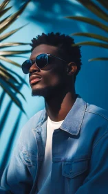 Man in sunglasses sits against blue wall under directional light