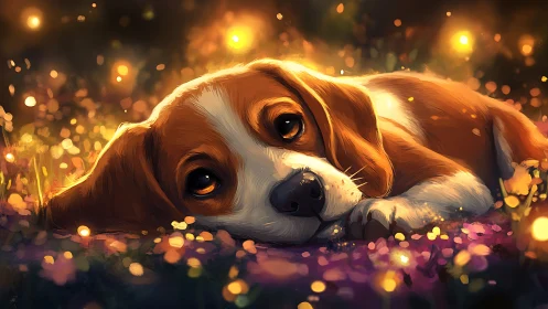 Dreamy beagle puppy rests among glowing twilight fireflies.
