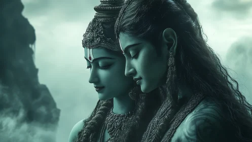 Two stylized profiles in close contact against misty backdrop.