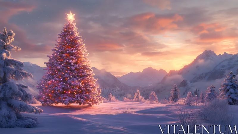 Glowing Christmas tree warms a tranquil snowy mountain sunset