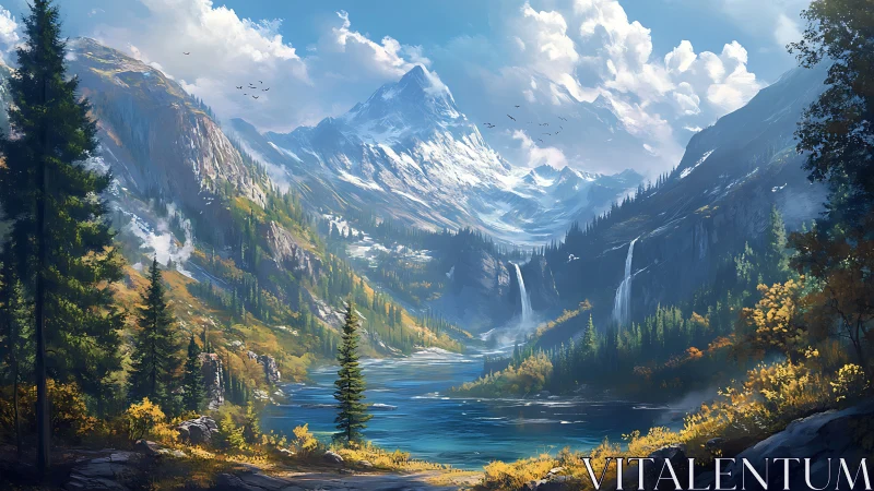 Mountain lake basin with waterfalls and conifer forests.