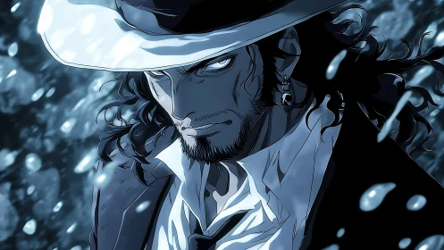 Brooding gunslinger in stormlit noir anime portrait.