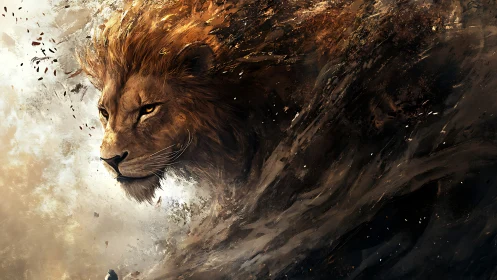 Lion head emerges from swirling abstract brush strokes