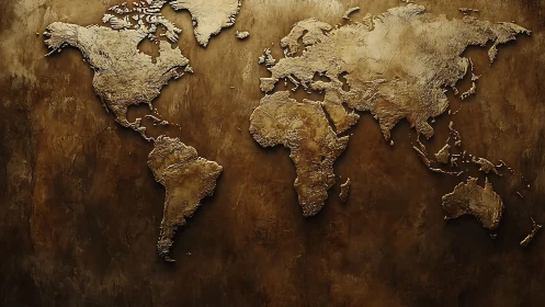 Textured gold world map relief on rustic brown wall.
