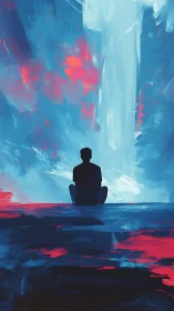 Solitary figure contemplates abstract aurora in saturated hues