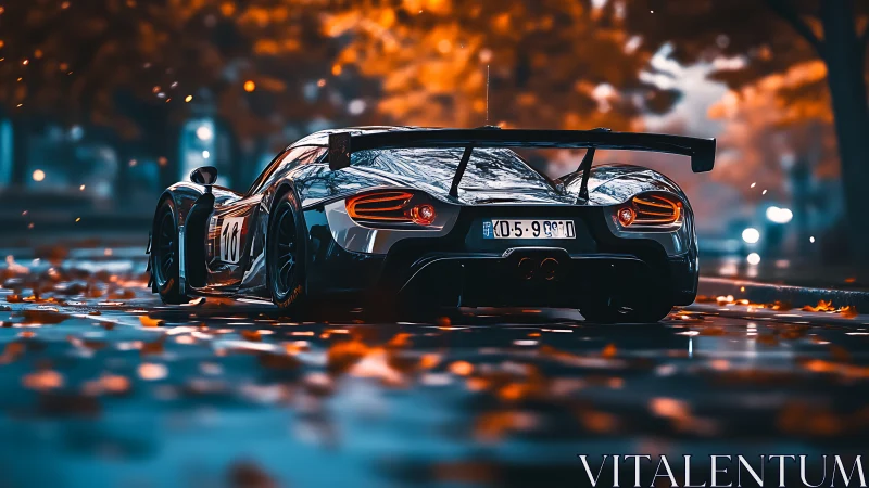 Autumn-lit race car prowls through glowing city drizzle.