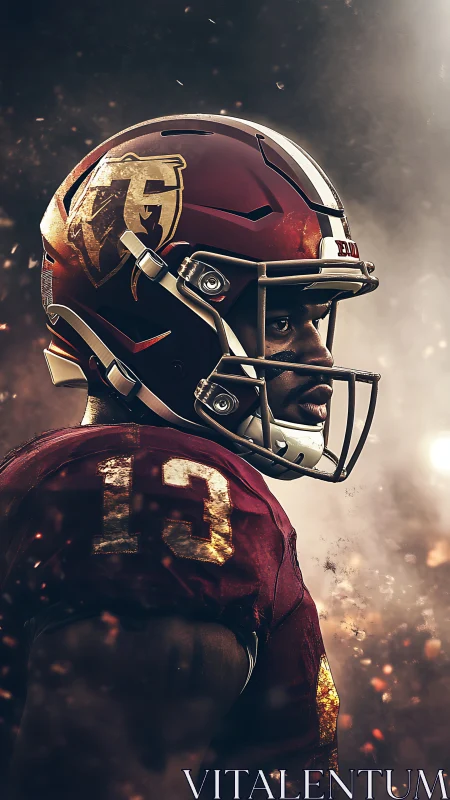 Side-profile gridiron portrait in dramatic particle field.