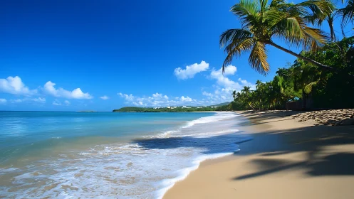 Coastal beach landscape with palm trees and calm ocean waters.