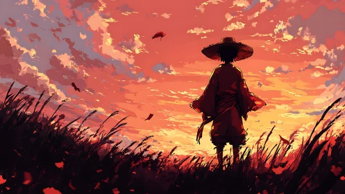 Sunset wanderer standing in wild grass, dreaming quietly.