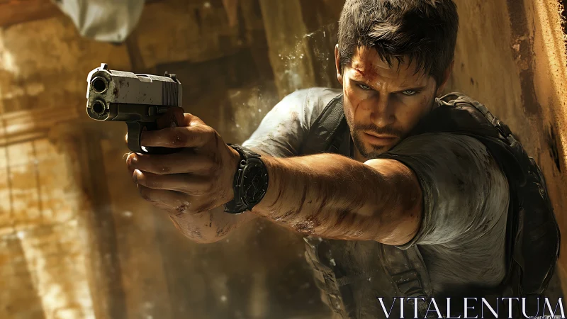 Battle worn tactical operative aiming handgun in urban alley