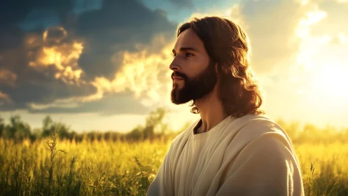 Serene robed man in golden field at dramatic sunset.