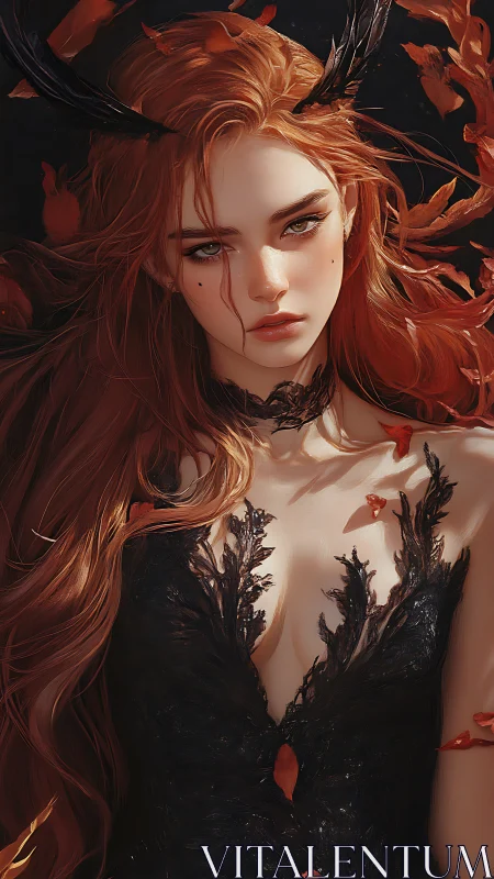 Autumn antlered enchantress framed in ember-lit leaves.