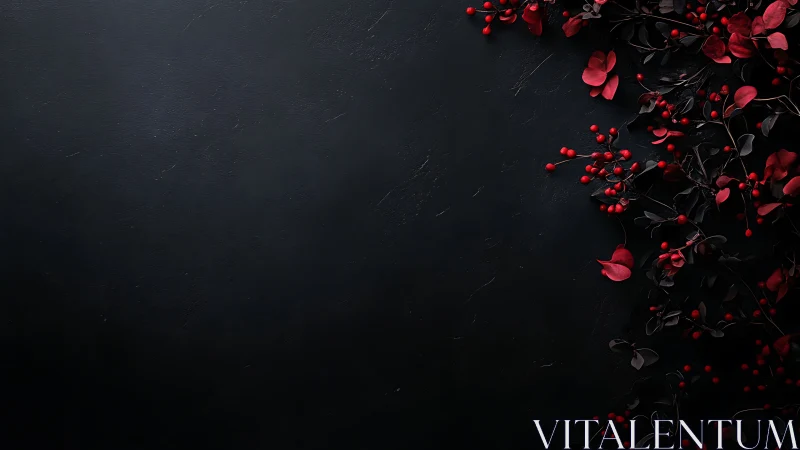 Red botanical specimens arranged on dark textured surface.