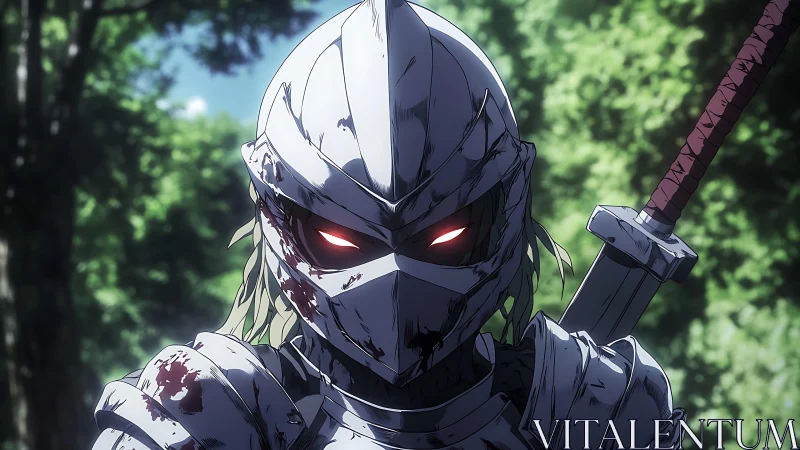 Bloodstained armored knight with glowing red eyes in forest