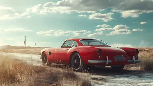 Red classic coupe parked on dusty rural track at sunset