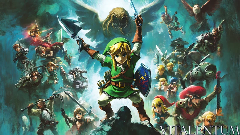 Heroic fantasy swordsman montage in dynamic teal battlefield