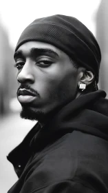 Monochrome urban portrait in shallow depth, side-facing gaze