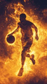 Silhouetted basketball player dribbles within digital fire field