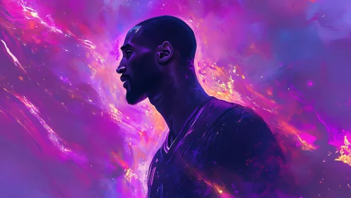 Thoughtful profile bathed in glowing purple stardust.