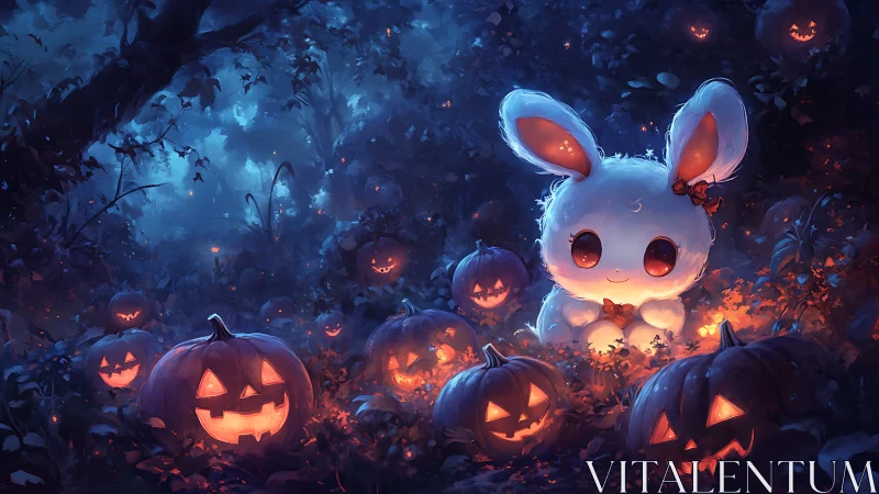 Moonlit pumpkin grove crowned by glowing ghostly bunny guide.