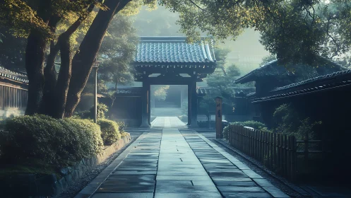 Morning walkway leading to traditional Japanese gate structure.