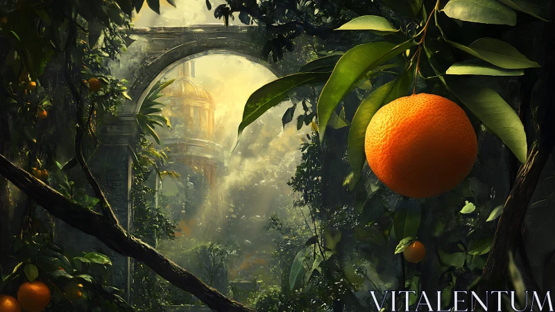 Sunlit orange grove framing ancient domed stone ruin.