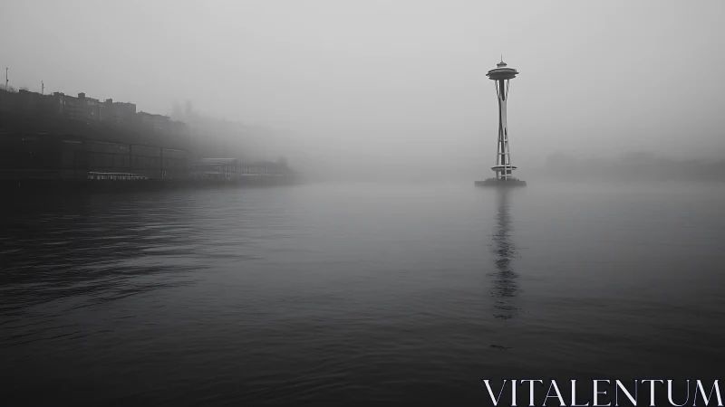 Space Needle rises from dense fog above still water