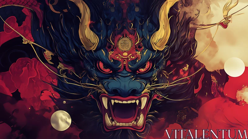 Mythic blue dragon portrait in crimson celestial storm.