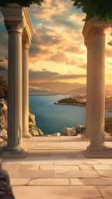 Sunlit ancient seaside columns inviting a tranquil escape.