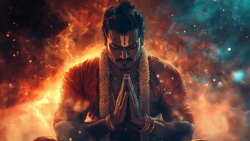 Muscular monk prays in fiery, colored smoke environment