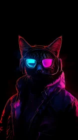 Neon-lit cool cat wearing glowing glasses and a slick jacket