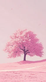 Solitary pink blossom tree on pastel hillside landscape.