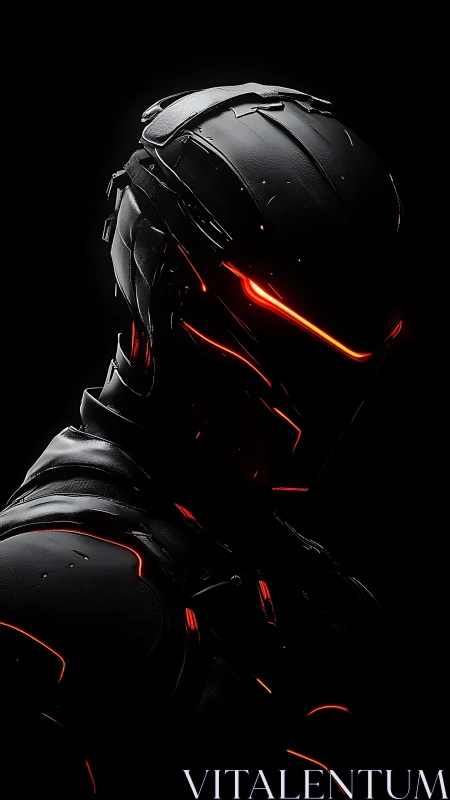 Armored cybernetic silhouette reveals red luminous visor details