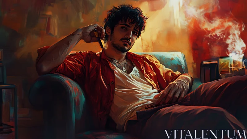 Cinematic digital portrait of reclining man in warm smoke-lit room