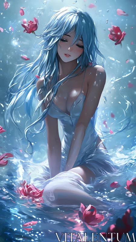 Hydrodynamic anime siren immersed in refracted blue light.