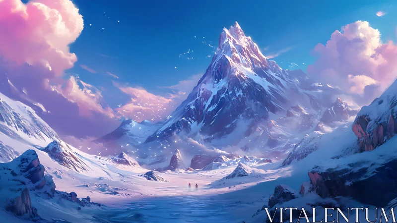 Mountain landscape shows snow-covered peak under clear sky