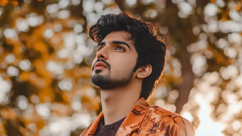 Thoughtful young man gazes upward in a warm autumn glow