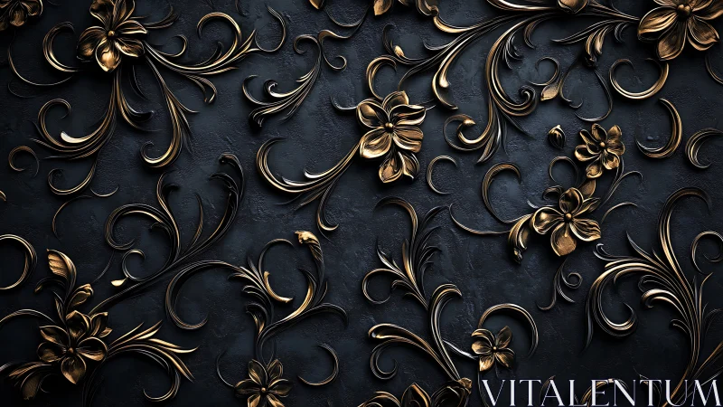 Baroque gold floral scrollwork glows on dark textured wall