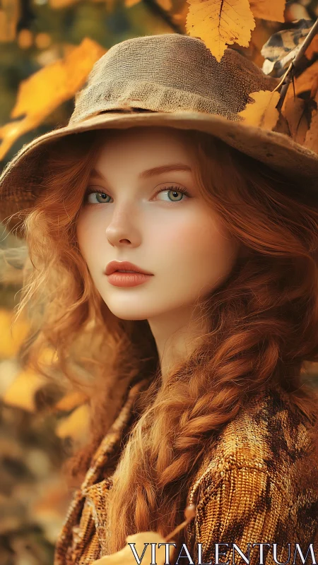 Rendered portrait shows red-haired subject in autumnal setting