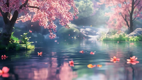 High-detail cherry blossom riverside with drifting petals at dawn