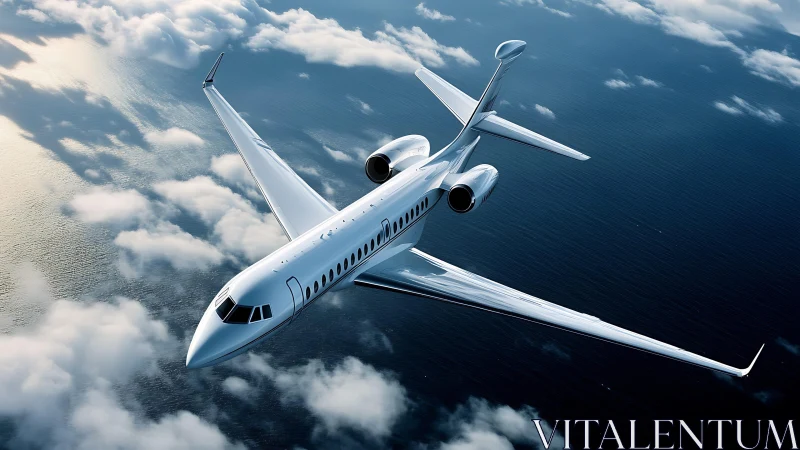 Sleek white private jet cruising over open ocean clouds.