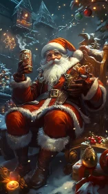 Santa savors cocoa by firelit snow, wrapped in storybook cheer.