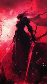 Armored swordsman stands in red high-contrast digital scene