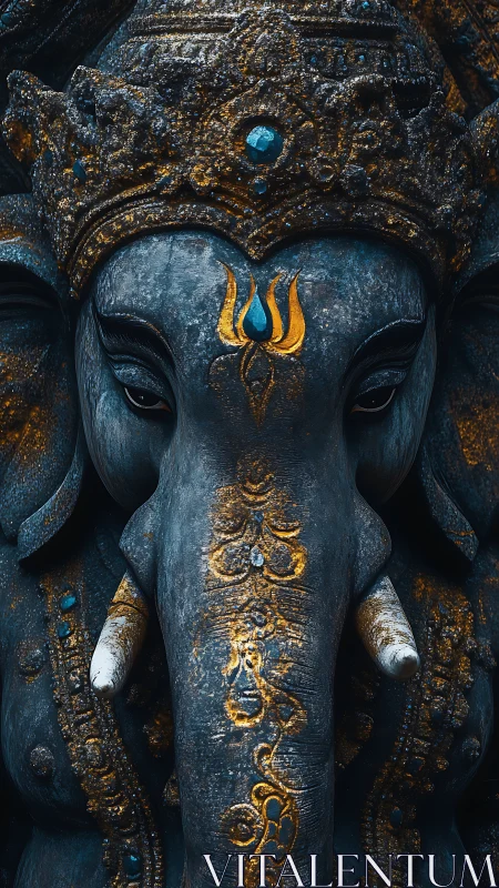 Textured stone elephant deity bust with gold inlay detailing.
