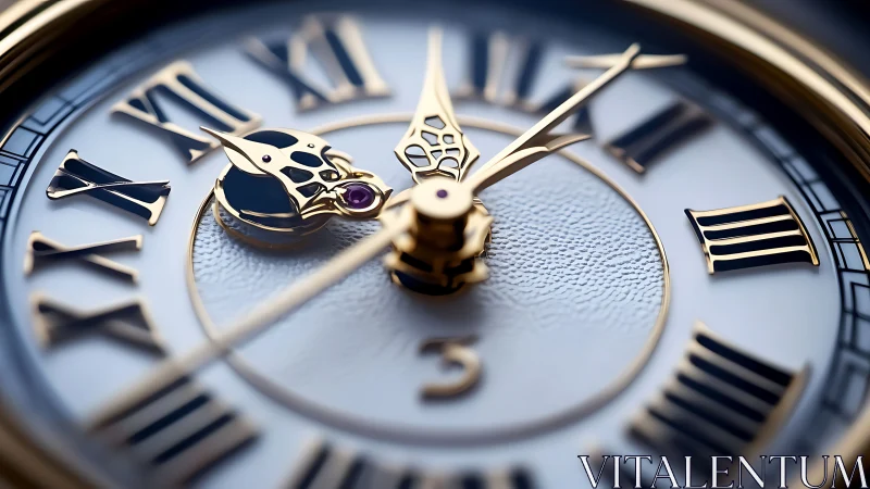 Gilded Roman numeral clock face in extreme close-up view.